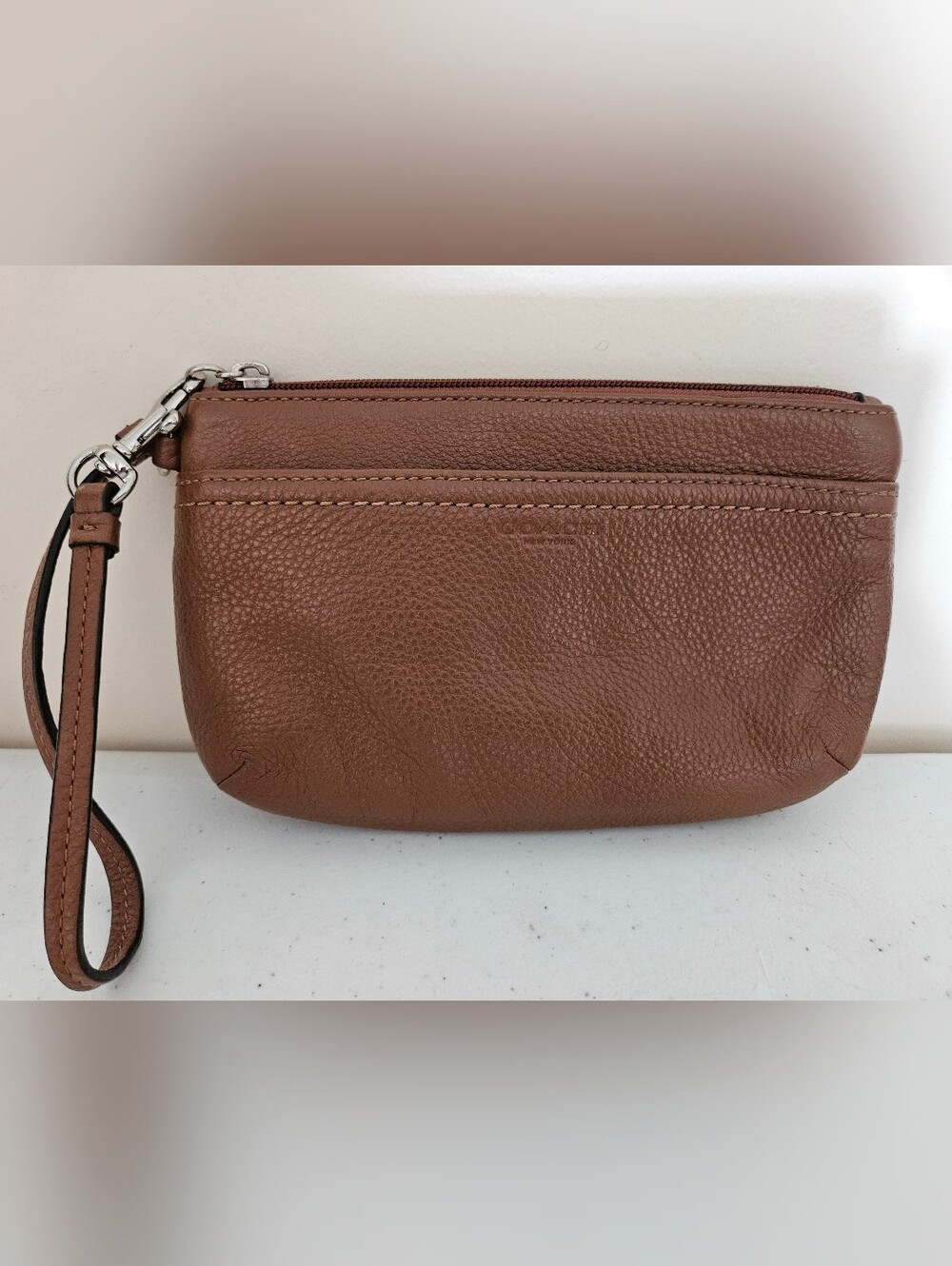 Coach Saddle Brown Pebbled Leather Double Zip Wristlet Wallet Clutch